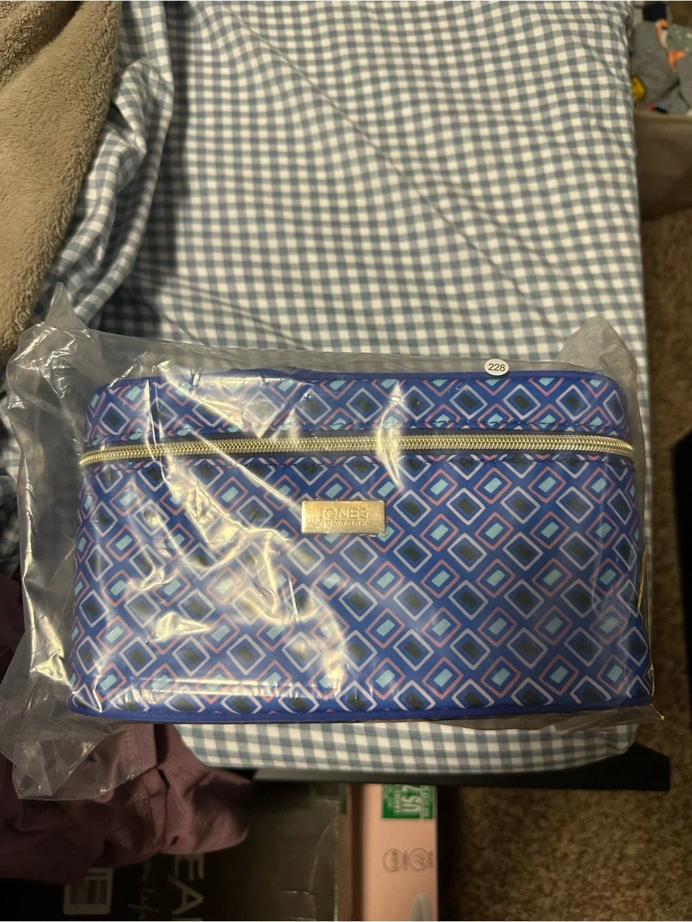 Jones New York Blue Geometric Cosmetic Bag with Gold Trim